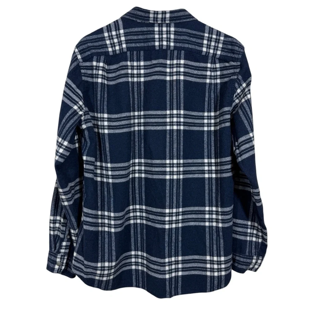 J. Crew Blue And White Plaid Button Down Elbow Patch Flannel Shirt Mens Size XL